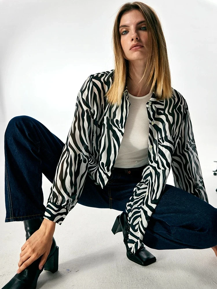 Women's 100% Mulberry Silk Zebra-Print Sheer Button-Down Shirt – Lightweight Long-Sleeve Silk Blouse - konjwa