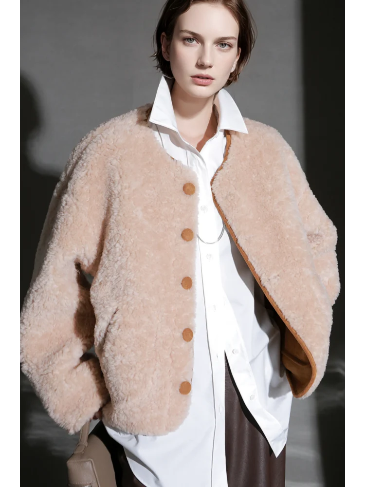 Reversible Suede Wool Coat for Women – Short Plush Jacket, Thick Warm Outerwear, Stylish Fall Winter New Arrival - konjwa