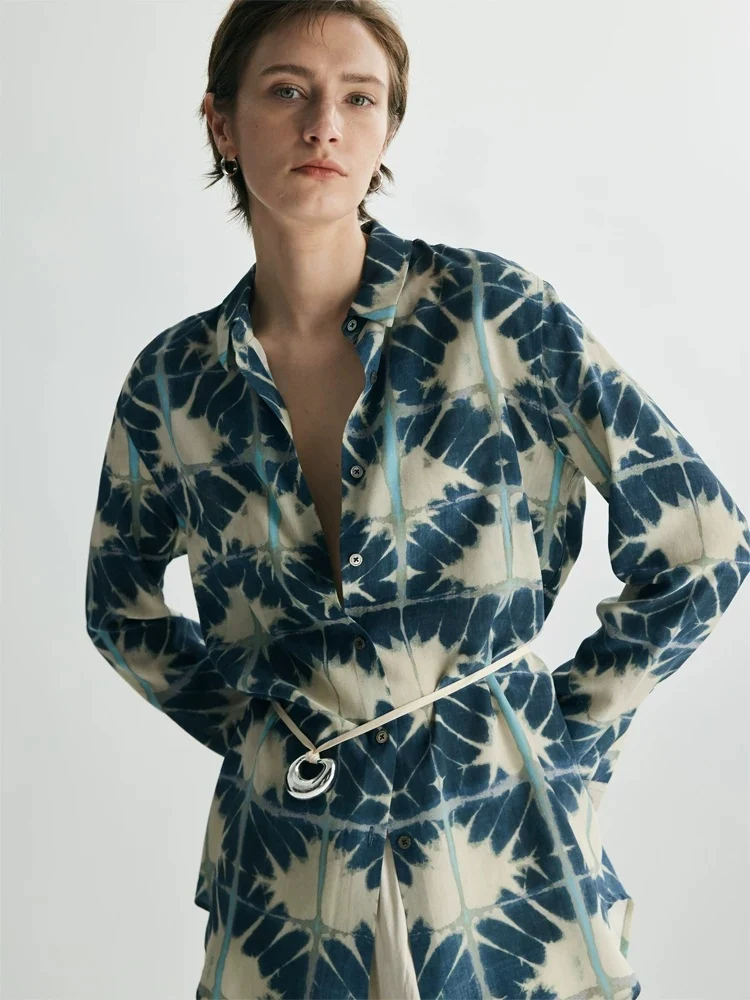 Women’s 100% Mulberry Silk Shibori-Print Relaxed Shirt – Elevated Work-to-Weekend Button-Down Blouse - konjwa