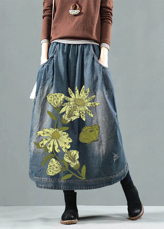 Blue-green flower Pockets Retro Patchwork Summer Skirts Denim - konjwa
