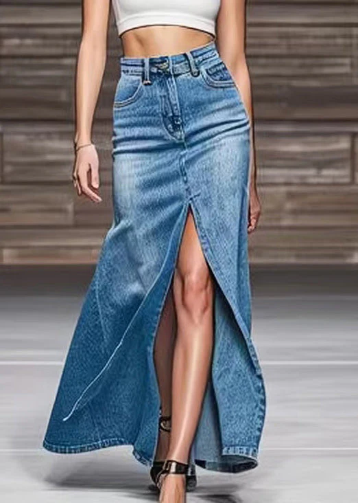 Modern Blue Front Open High Waist Denim Maxi Skirts Summer - konjwa