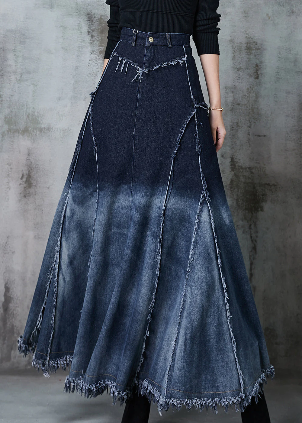 Elegant Gradient Color Patchwork Exra Large Hem Denim Skirt Spring - konjwa