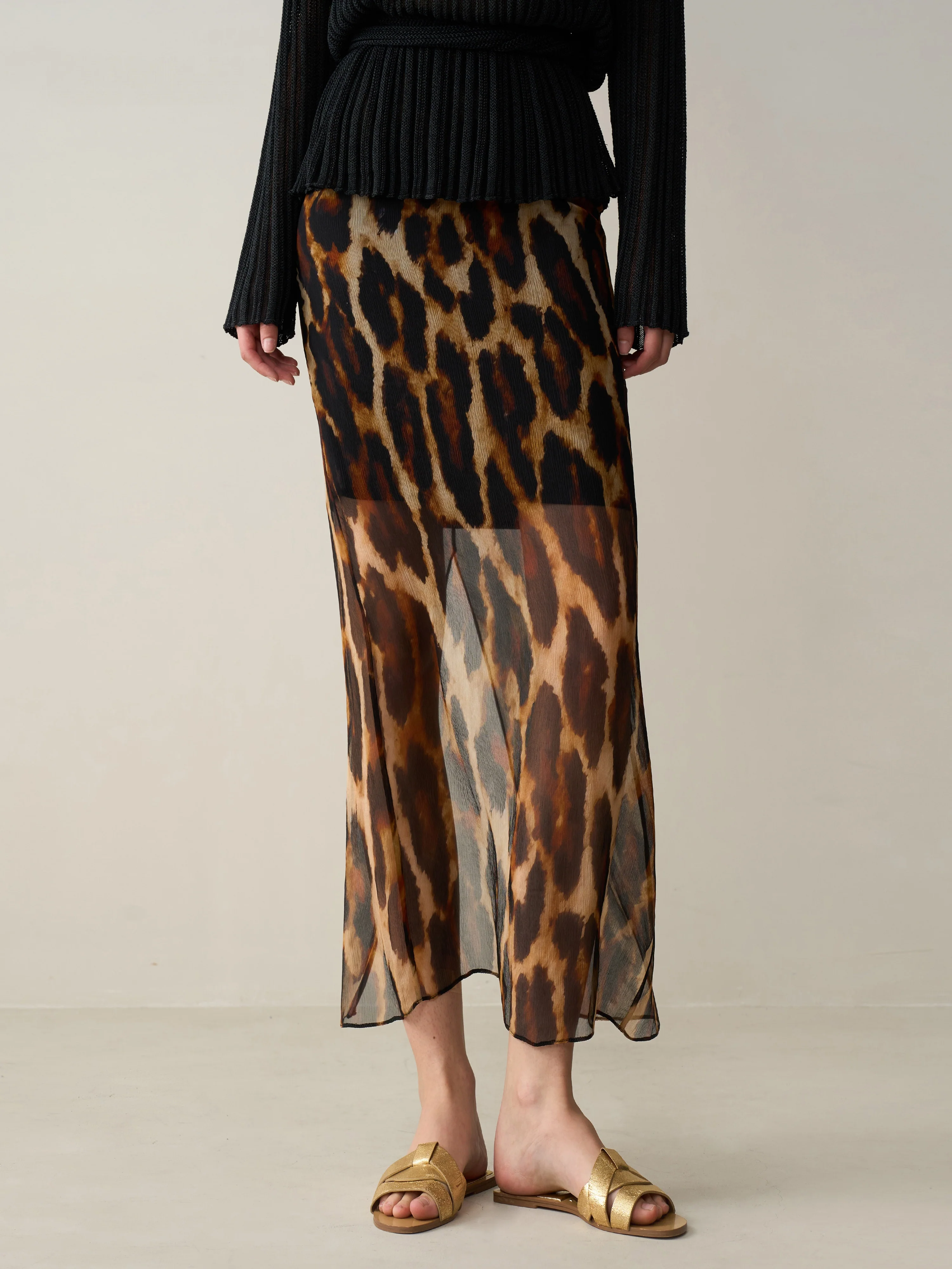 High-Waist Silk Leopard Print Midi Skirt – Lined for Comfort and Elegance - konjwa