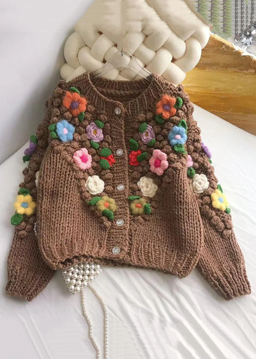 Floral Brown Button Cozy Patchwork Cotton Knit Coats Spring - konjwa