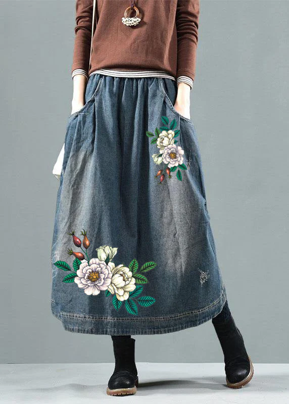 Blue-green flower Pockets Retro Patchwork Summer Skirts Denim - konjwa