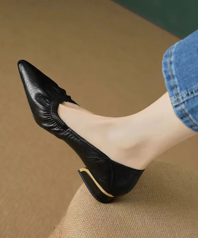 Classy Flat Shoes For Women Black Cowhide Leather Pointed Toe - konjwa