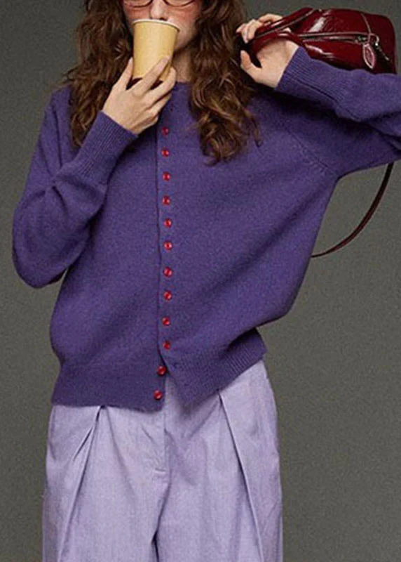 Brief Purple O-Neck Button Solid Knit Cardigans Fall - konjwa