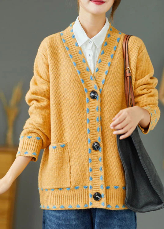 Bohemian Yellow Loose Button Pockets Fall Knit Sweater Coat - konjwa