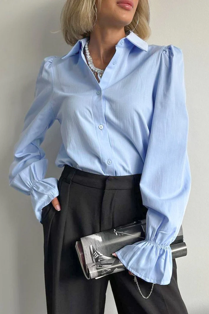 Blue Flare Sleeve Collared Blouse - konjwa