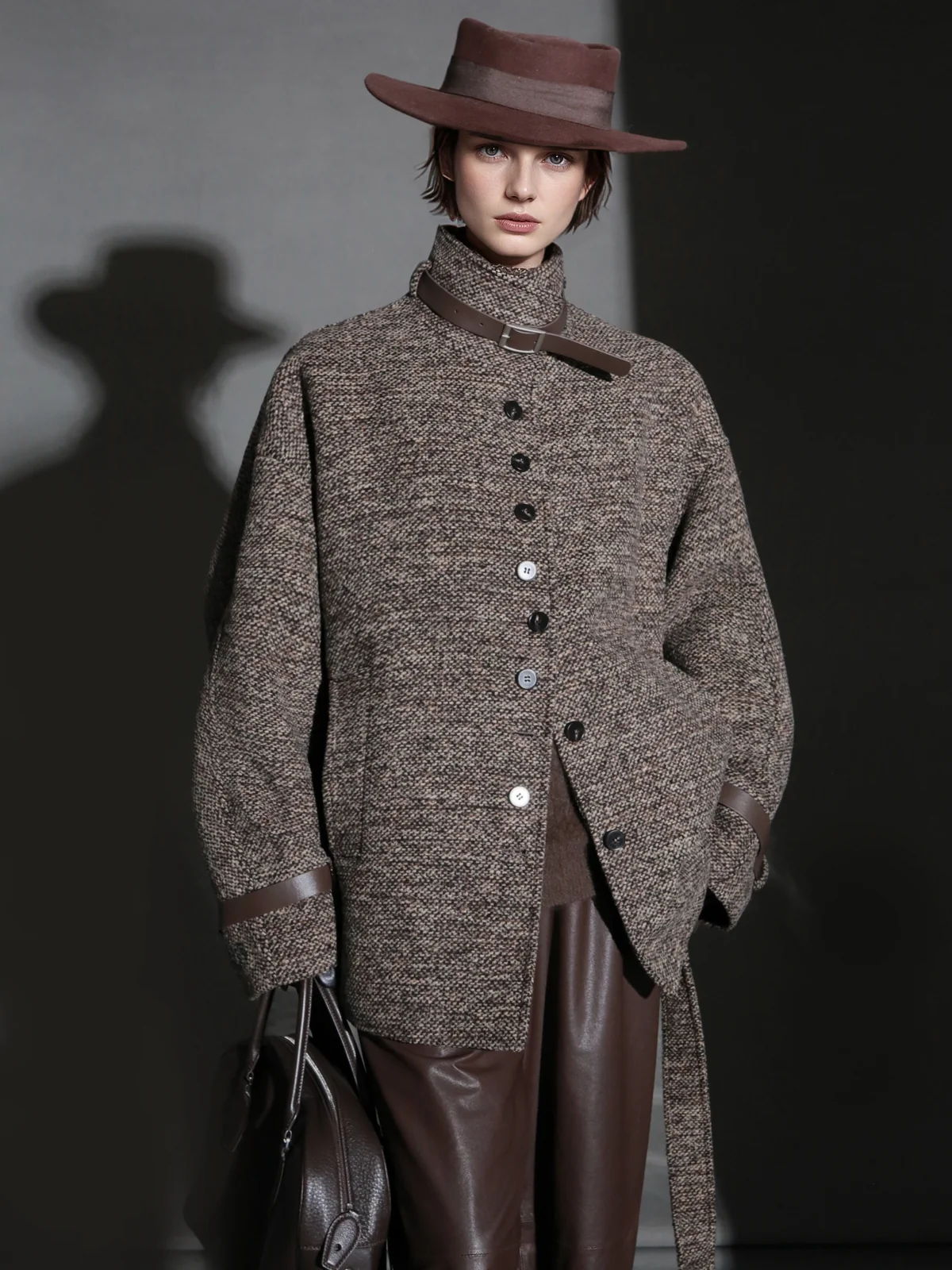 Vintage Stand Collar Wool Coat for Women – Saint Germain-Inspired Trim Design Double-Faced Wool Overcoat, Fall Winter Elegant Outerwear - konjwa