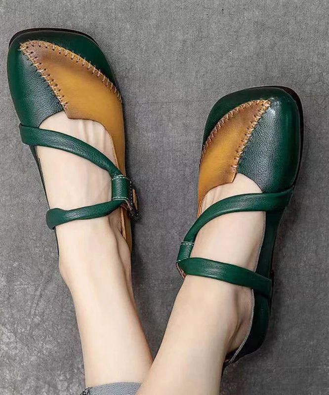 Handmade Green Splicing Buckle Strap Flat Shoes - konjwa