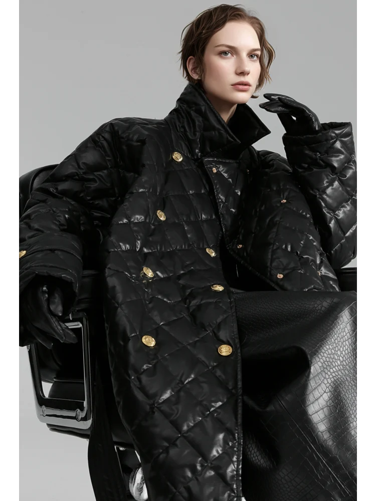 Quilted Lambskin Down Coat for Women – Elegant Mid-Length Slim Fit Jacket with Waist Design, White Duck Down Winter Outerwear - konjwa