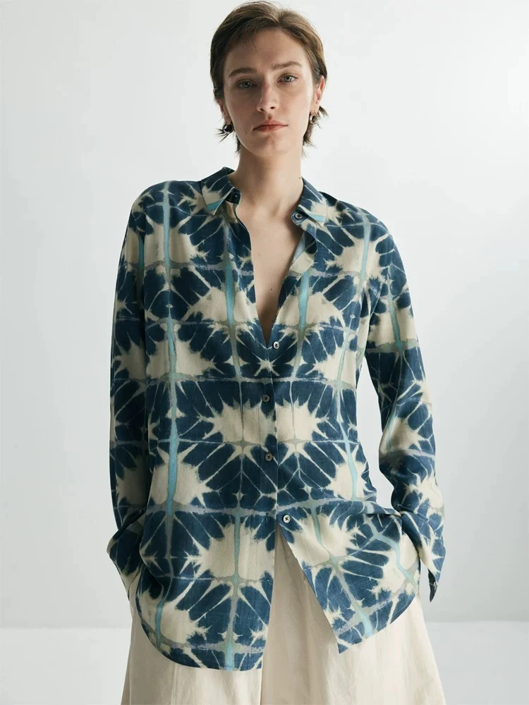 Women’s 100% Mulberry Silk Shibori-Print Relaxed Shirt – Elevated Work-to-Weekend Button-Down Blouse - konjwa