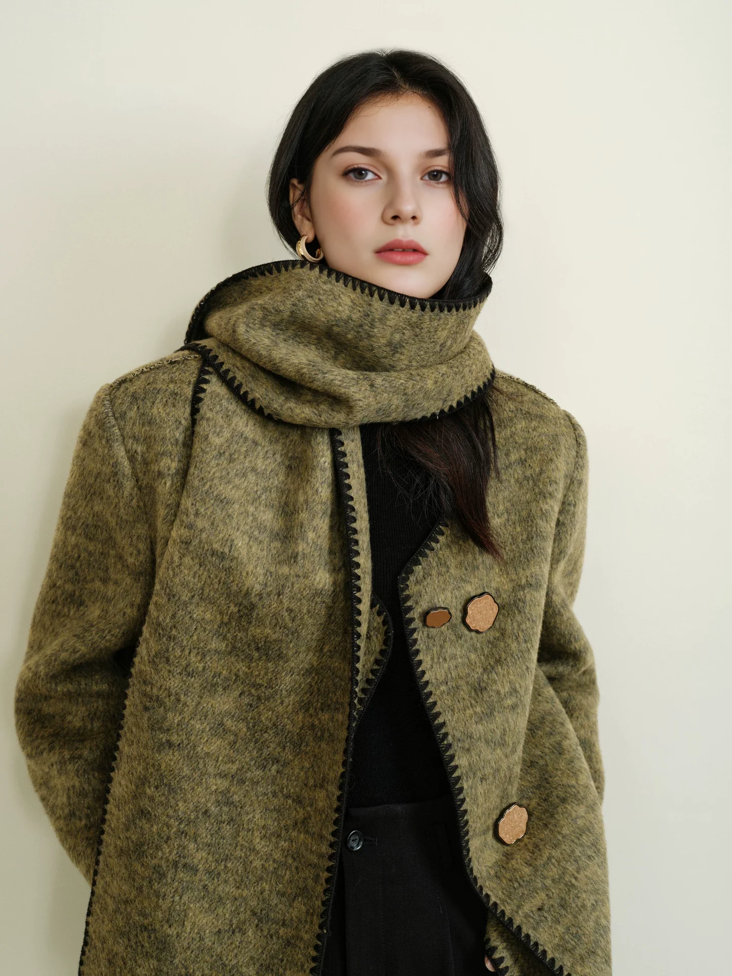 Women's Designer Green Wool Coat with Reversible Scarf – Double-Faced Wool Winter Overcoat - konjwa