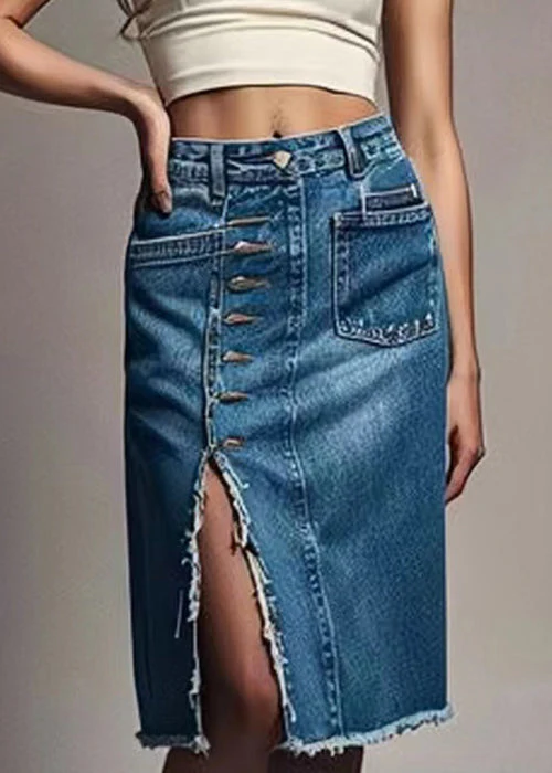 New Blue Button Front Open High Waist Denim Skirts Summer - konjwa