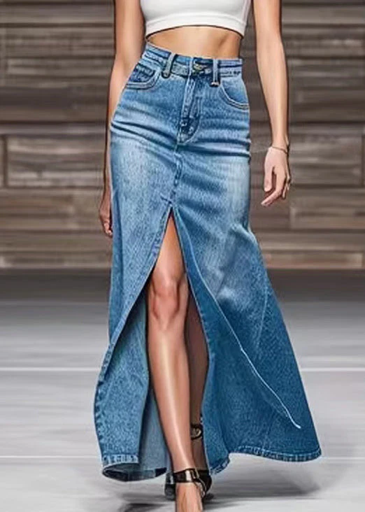 Modern Blue Front Open High Waist Denim Maxi Skirts Summer - konjwa
