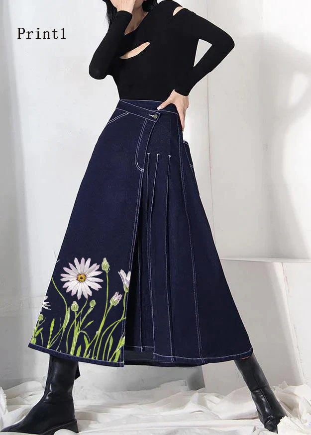 Boho denim blue-print1 zippered asymmetrical design Summer Skirt - konjwa
