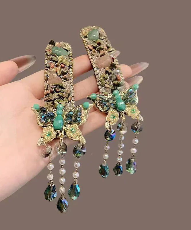 Retro Green Alloy Zircon Butterfly Tassel A Pair Hairpin - konjwa