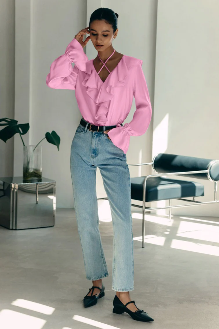 Ruffle Trim V Neck Blouse - konjwa