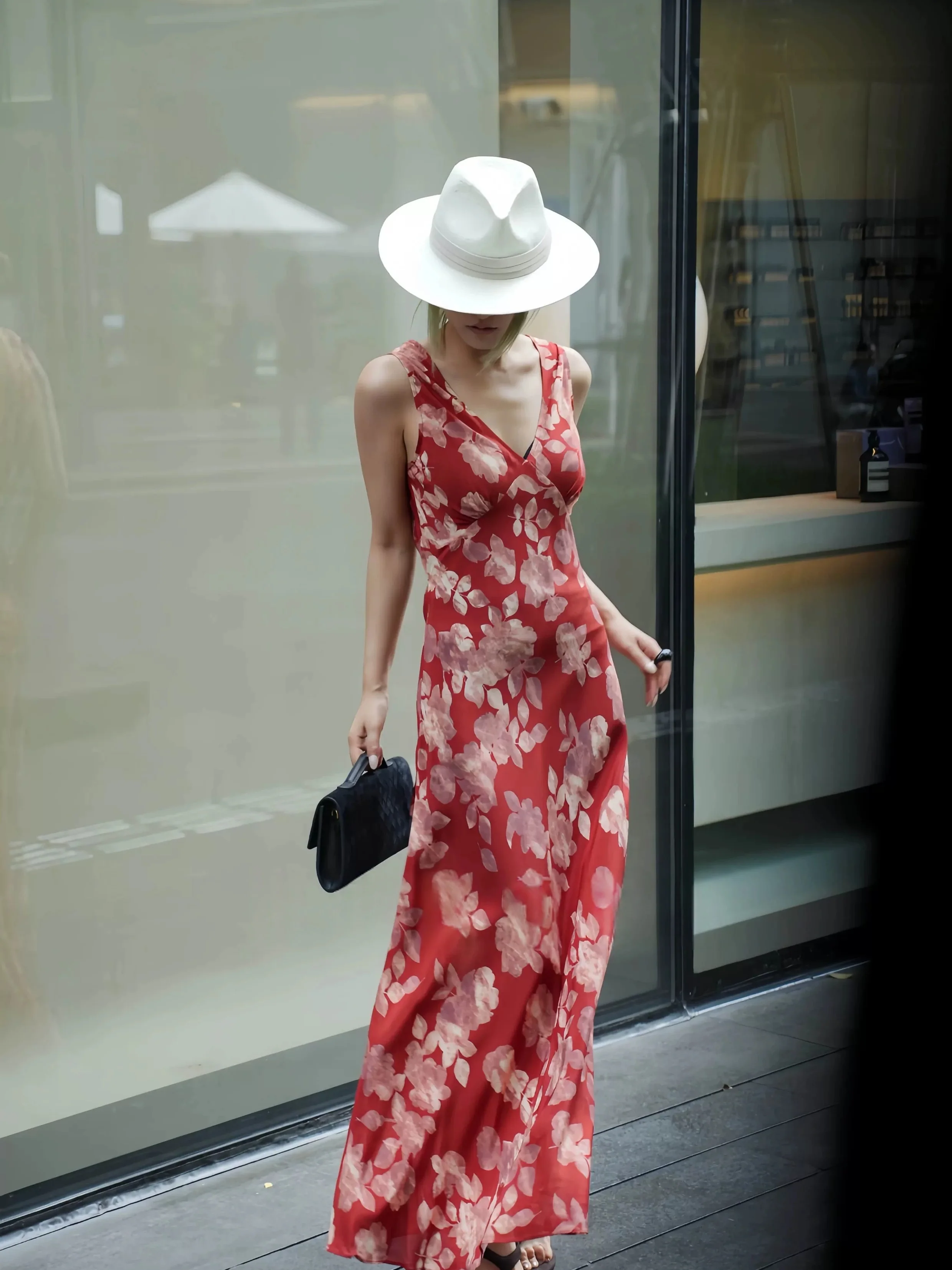 100% Mulberry Silk Floral Print Sleeveless Maxi Dress – V-Neck Fluid Resort Gown - konjwa