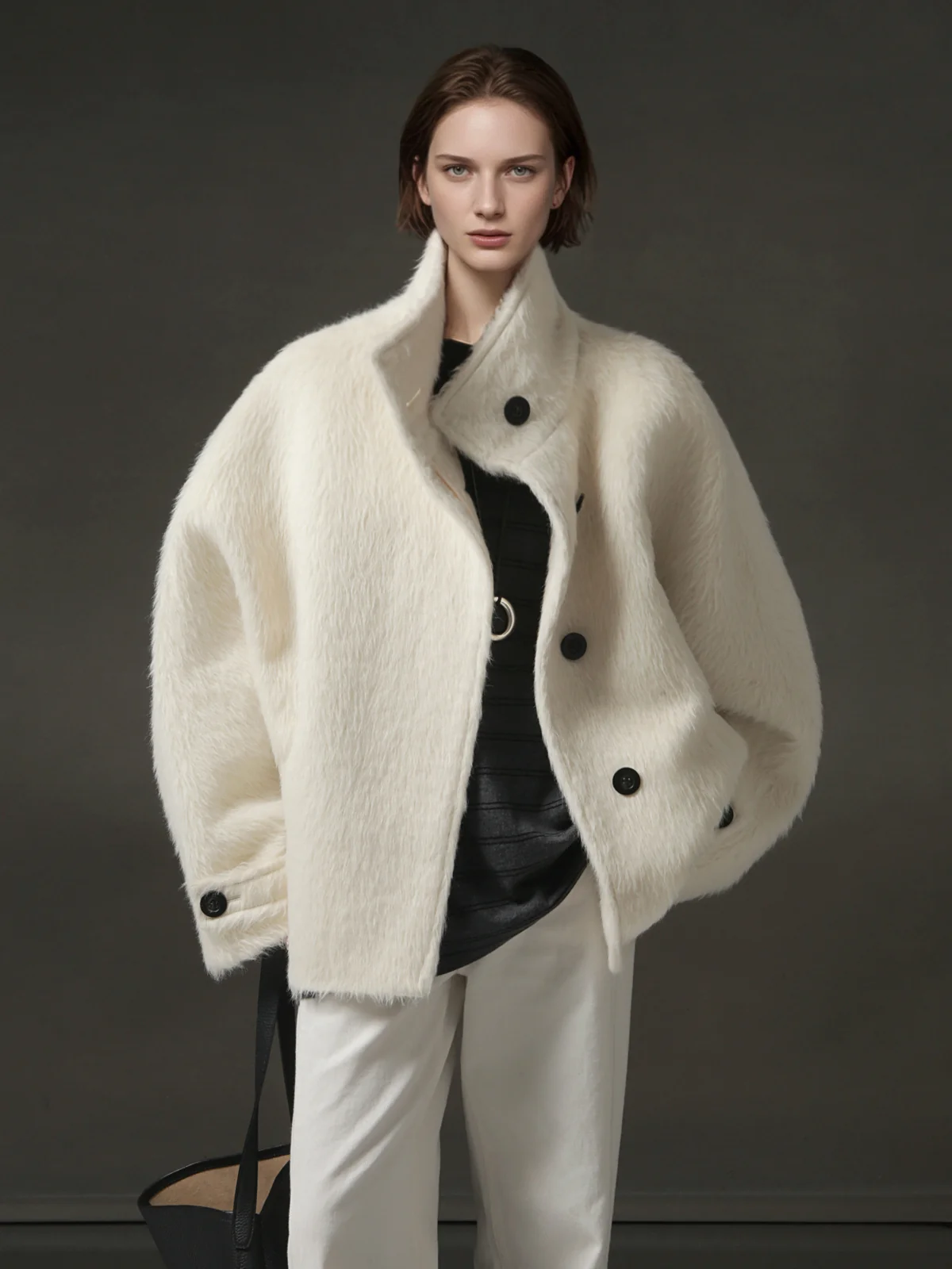 Stand Collar  Alpaca Coat with Luxe Textured Finish, Winter Chic Outerwear - konjwa