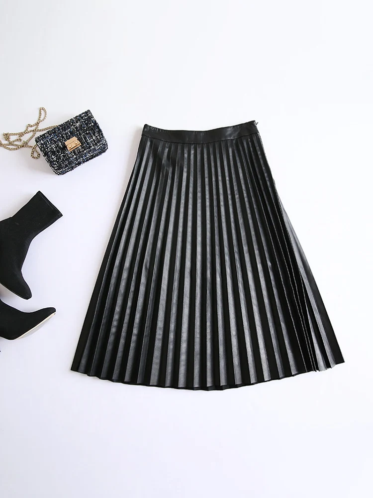 Women's Elegant Vintage High-Waisted Lambskin Leather Pleated Midi Skirt – Luxury Genuine Leather Skirt - konjwa