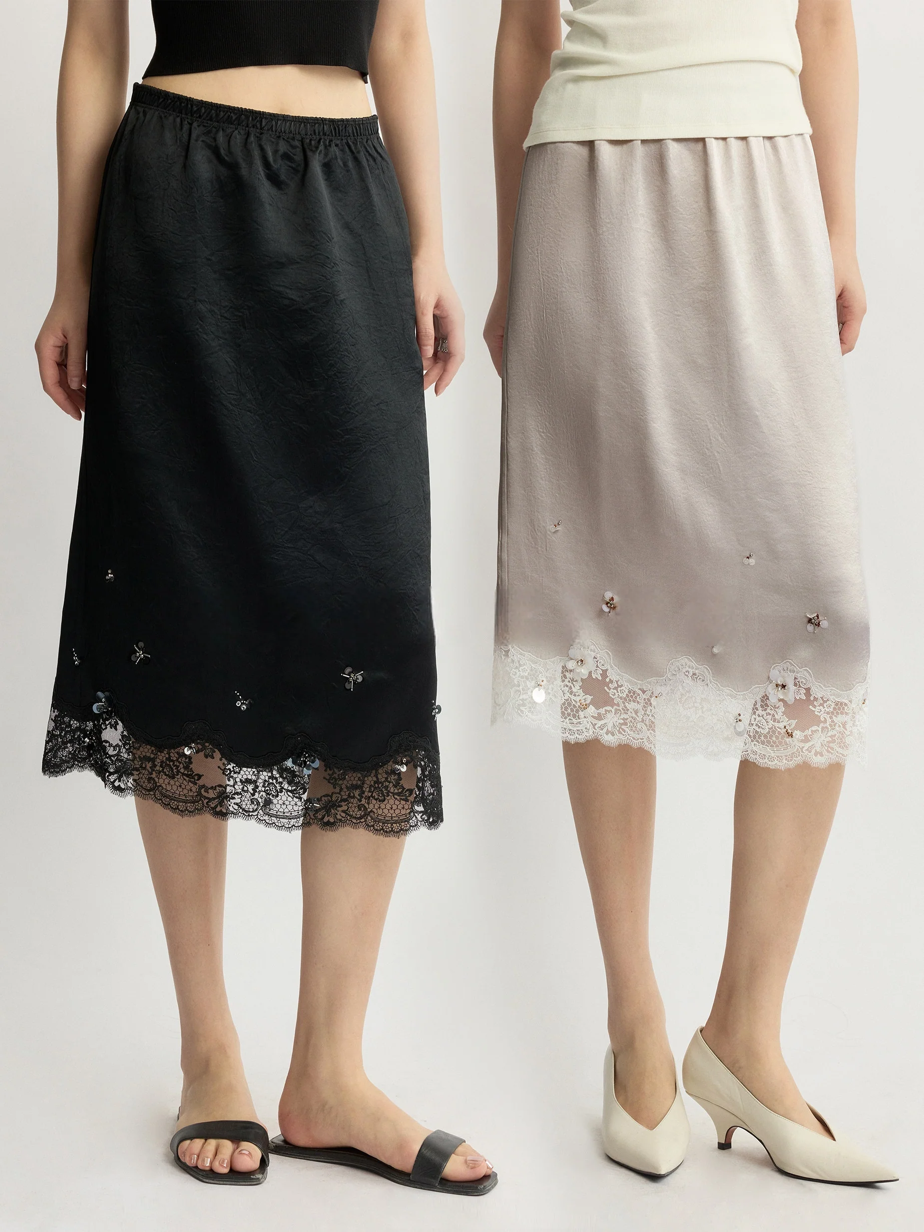 Cool-Touch Crinkled Acetate Beaded Lace Straight Midi Skirt - konjwa