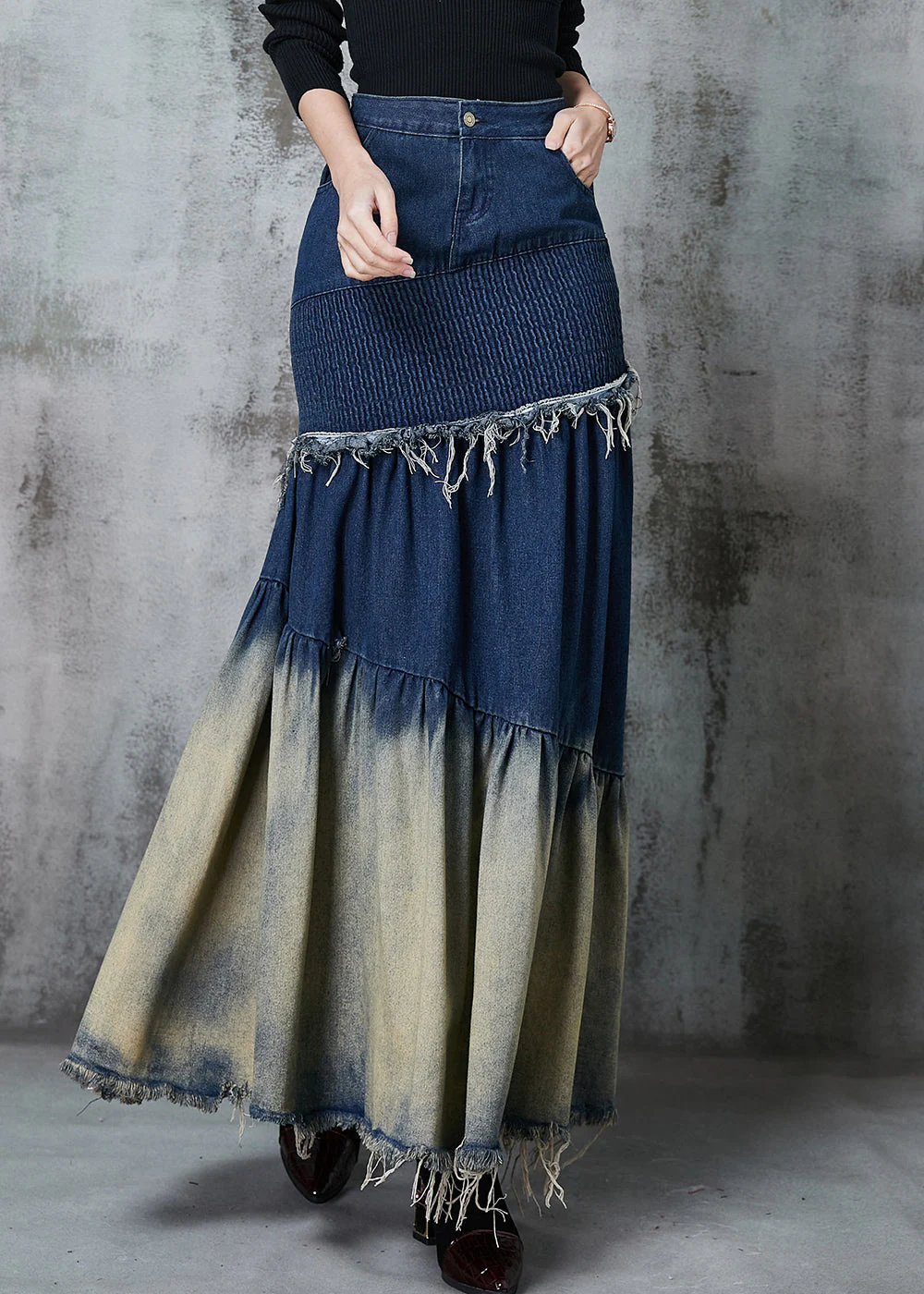 Navy Silm Fit Patchwork Gradient Color Denim Skirt Spring - konjwa