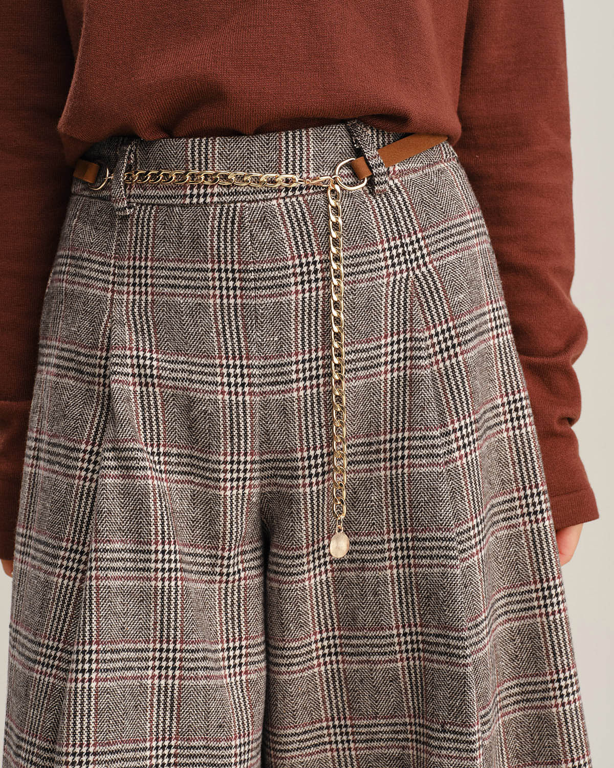 Khaki Plaid Wide Leg Pants - konjwa
