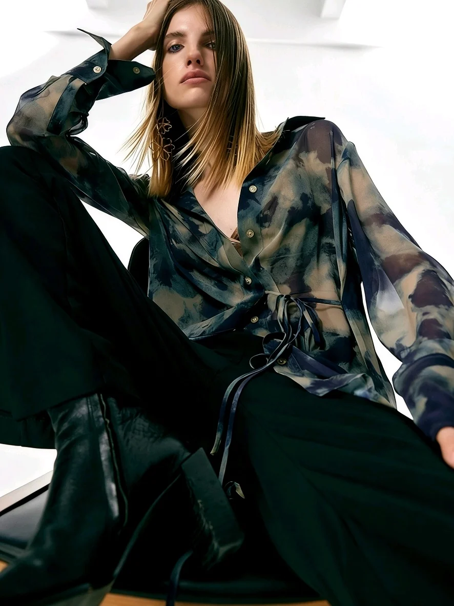 Women's Sheer-Effect Mulberry Silk Long-Sleeve Blouse – Lightweight Elegant Layering Shirt - konjwa