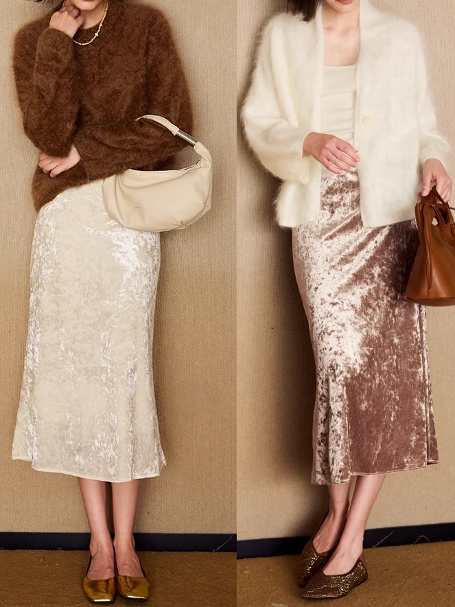 Amber Autumn Shimmer Velvet Mermaid Skirt — Retro Gold-Flecked Stretch Velvet - konjwa