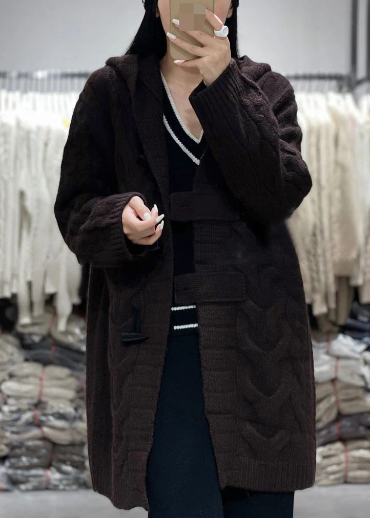 Loose Camel Hooded Pockets Patchwork Knit Coats Long Sleeve - konjwa