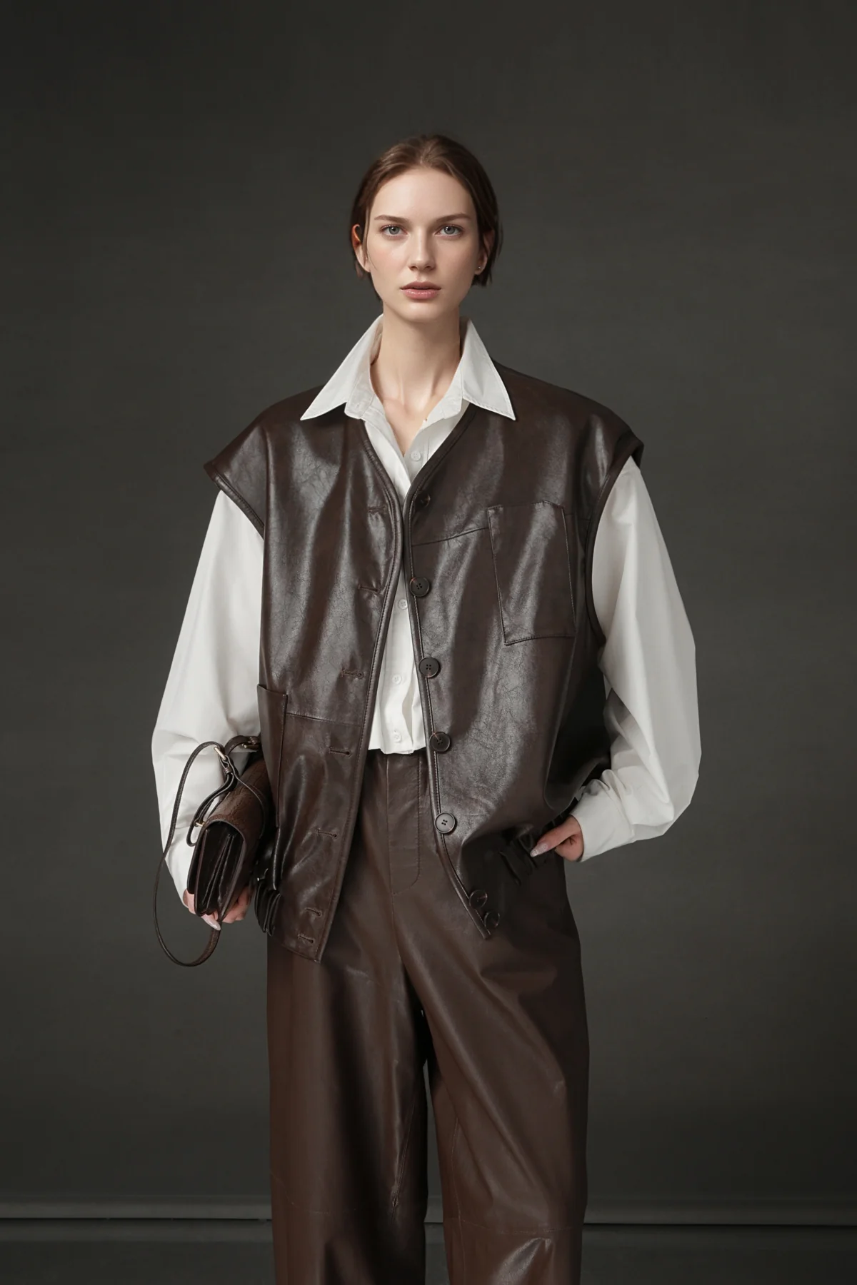 Women’s Sheepskin Leather Vest – Oversized Pocket Design Sleeveless Jacket, Versatile Chic Outerwear - konjwa