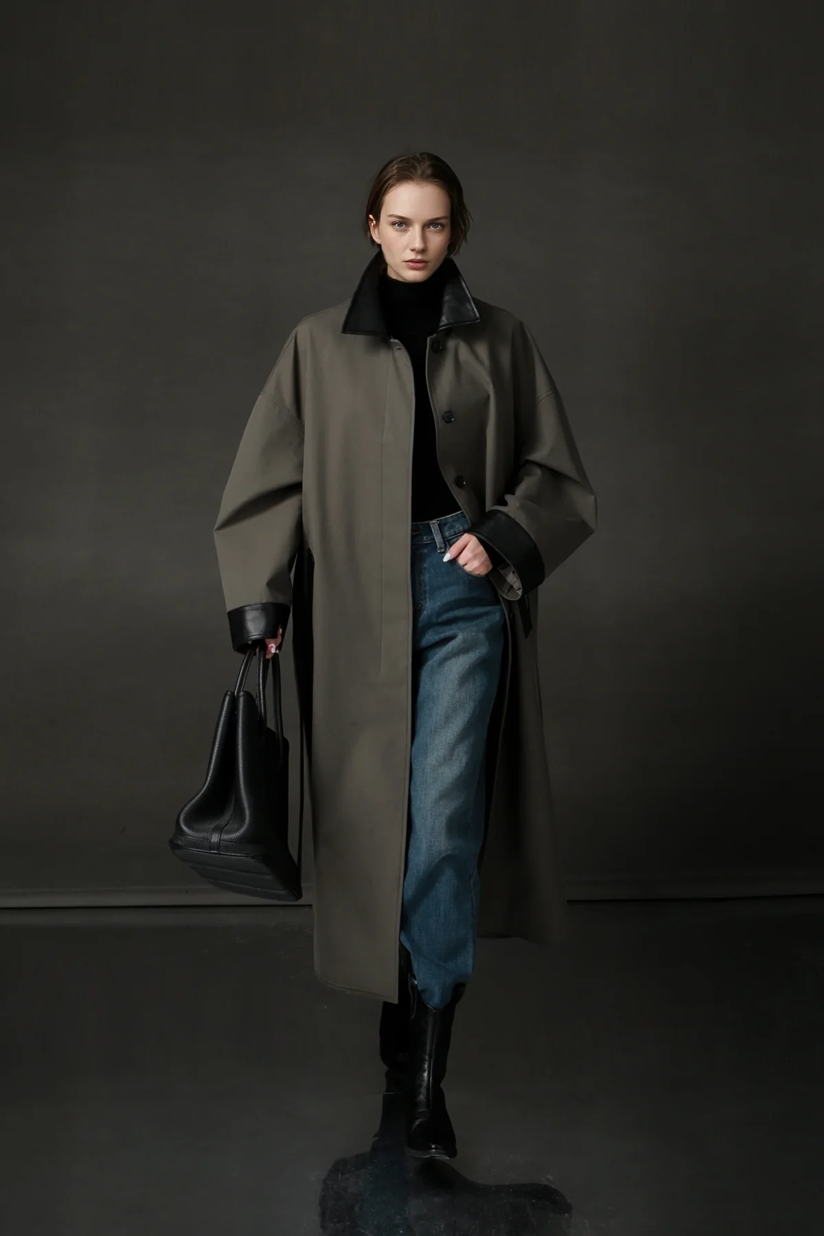 Barn-Style Chic Lambskin Leather Collar Trench Coat for Women – Gender-Neutral Long Autumn Overcoat with Unique Design - konjwa