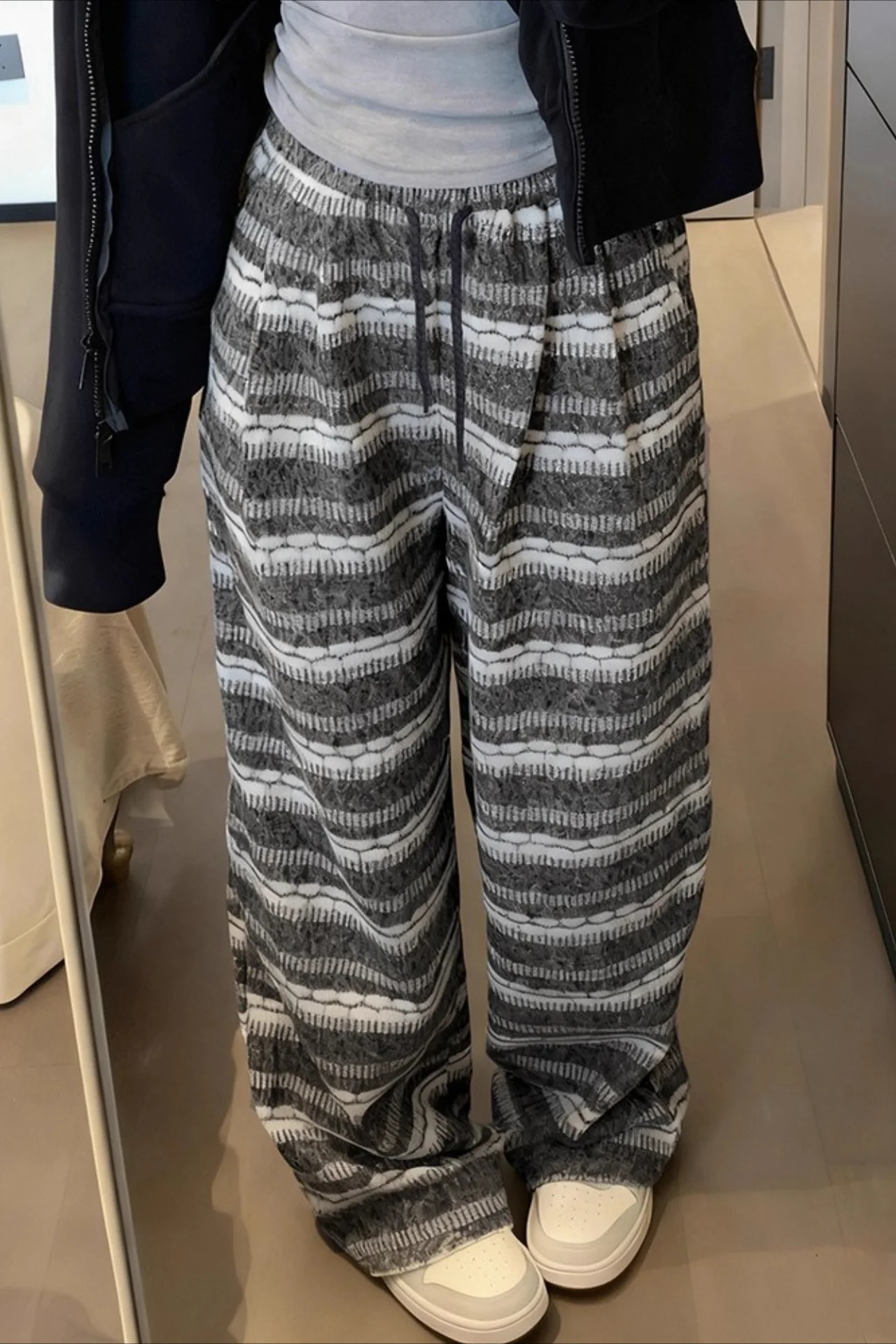 Relaxed Fair Isle Fleece Wide Leg Knit Pants - konjwa