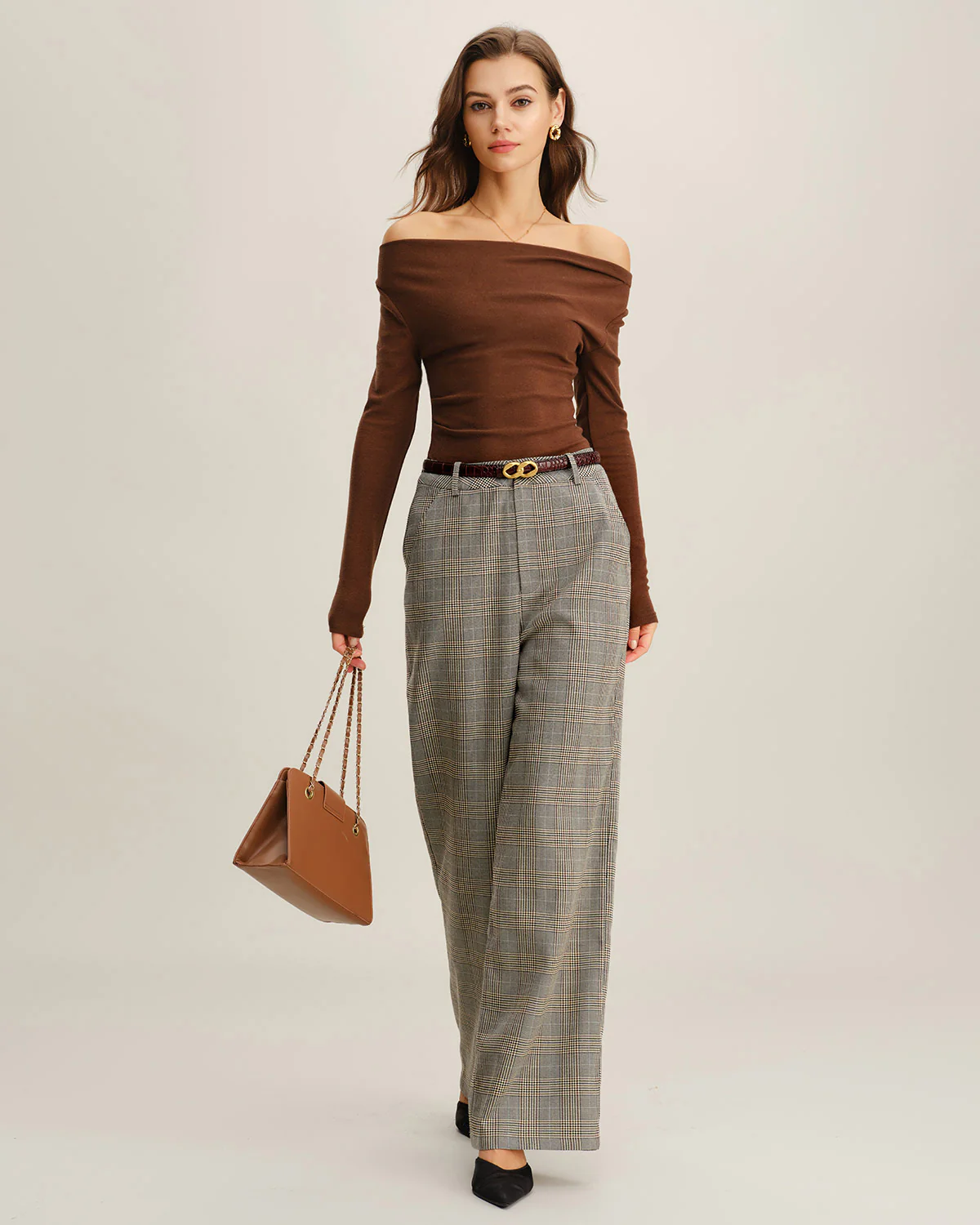 Khaki Plaid Straight Casual Pants - konjwa
