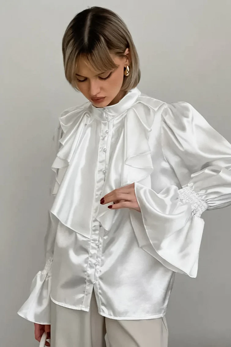 Satin Flare Sleeve Button Blouse - konjwa