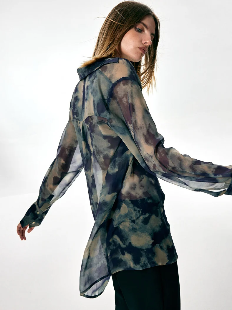 Women's Sheer-Effect Mulberry Silk Long-Sleeve Blouse – Lightweight Elegant Layering Shirt - konjwa