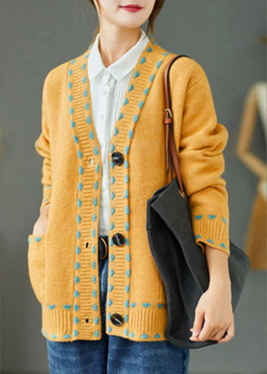 Bohemian Yellow Loose Button Pockets Fall Knit Sweater Coat - konjwa