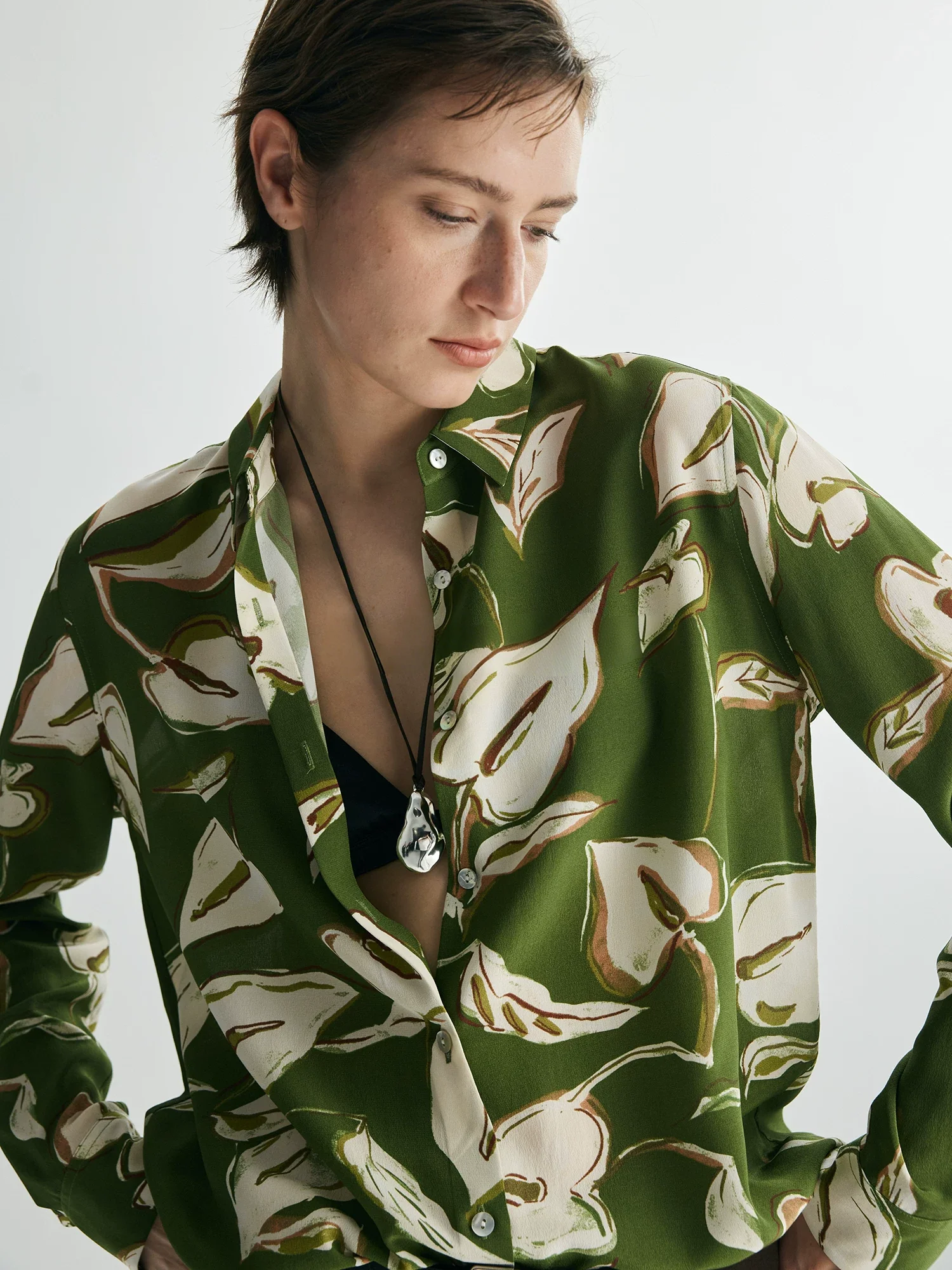 Women's Mulberry Silk Floral Print Long-Sleeve Shirt – Elegant Comfortable Everyday Silk Blouse - konjwa