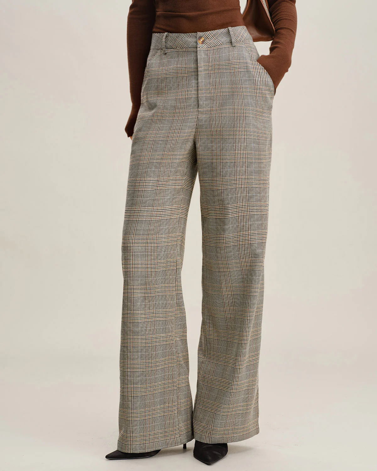 Khaki Plaid Straight Casual Pants - konjwa