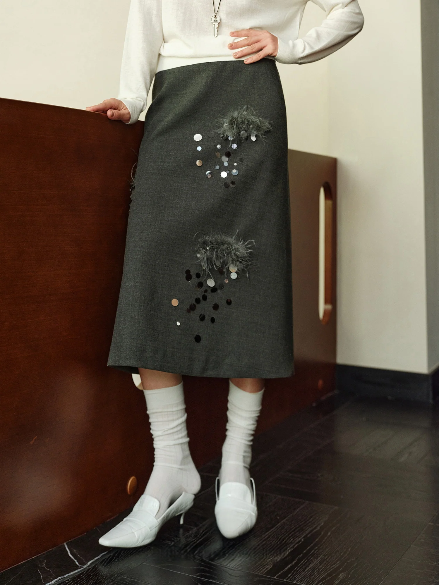 Hand-Beaded Wool A-Line Midi Skirt with Rare Imported Turkey Feathers | Luxury One-Piece Design - konjwa