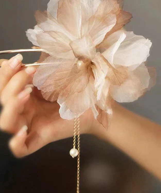 Handmade Light Brown Gradient Color Tulle Floral U Shaped Pearl Tassel Hairpin - konjwa