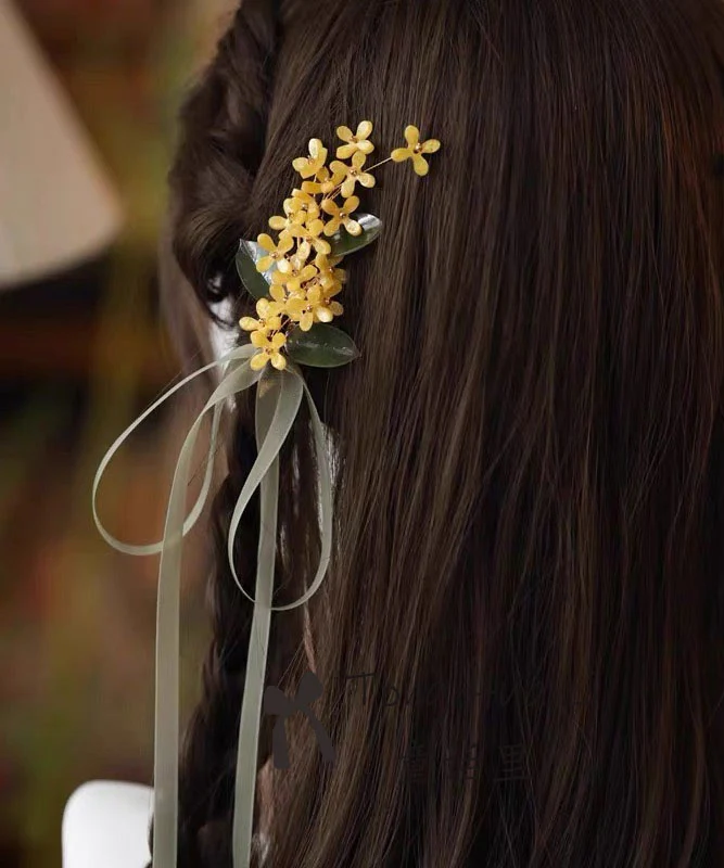 Chinese Style Yellow Alloy Tulle Osmanthus Ribbon A Pair Hairpin - konjwa