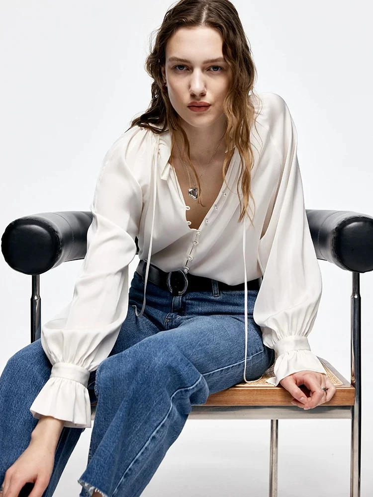 100% Mulberry Silk Tie‑Neck Blouse in White – V‑Neck Ruffle Collar Long‑Sleeve Shirt - konjwa