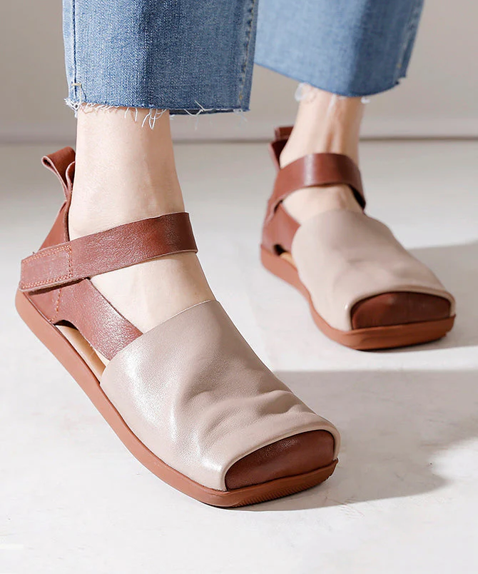 Handmade Retro Splicing Flat Feet Shoes Brown Cowhide Leather - konjwa