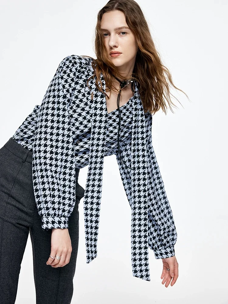 Women’s 100% Mulberry Silk Houndstooth Tie-Neck Blouse – French V-Neck Relaxed Heavyweight Silk Shirt, Long Sleeve - konjwa