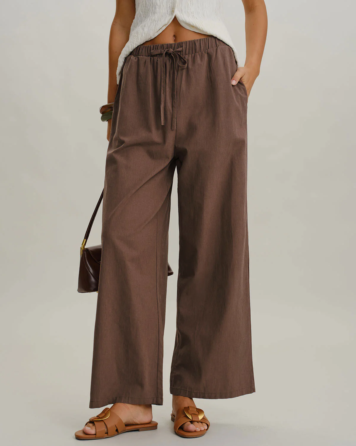 Coffee Elastic Waist Wide Leg Pants - konjwa