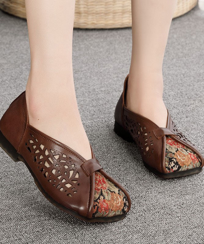 Green Hollow Out Cowhide Leather Flat Shoes For Women Splicing Flats - konjwa