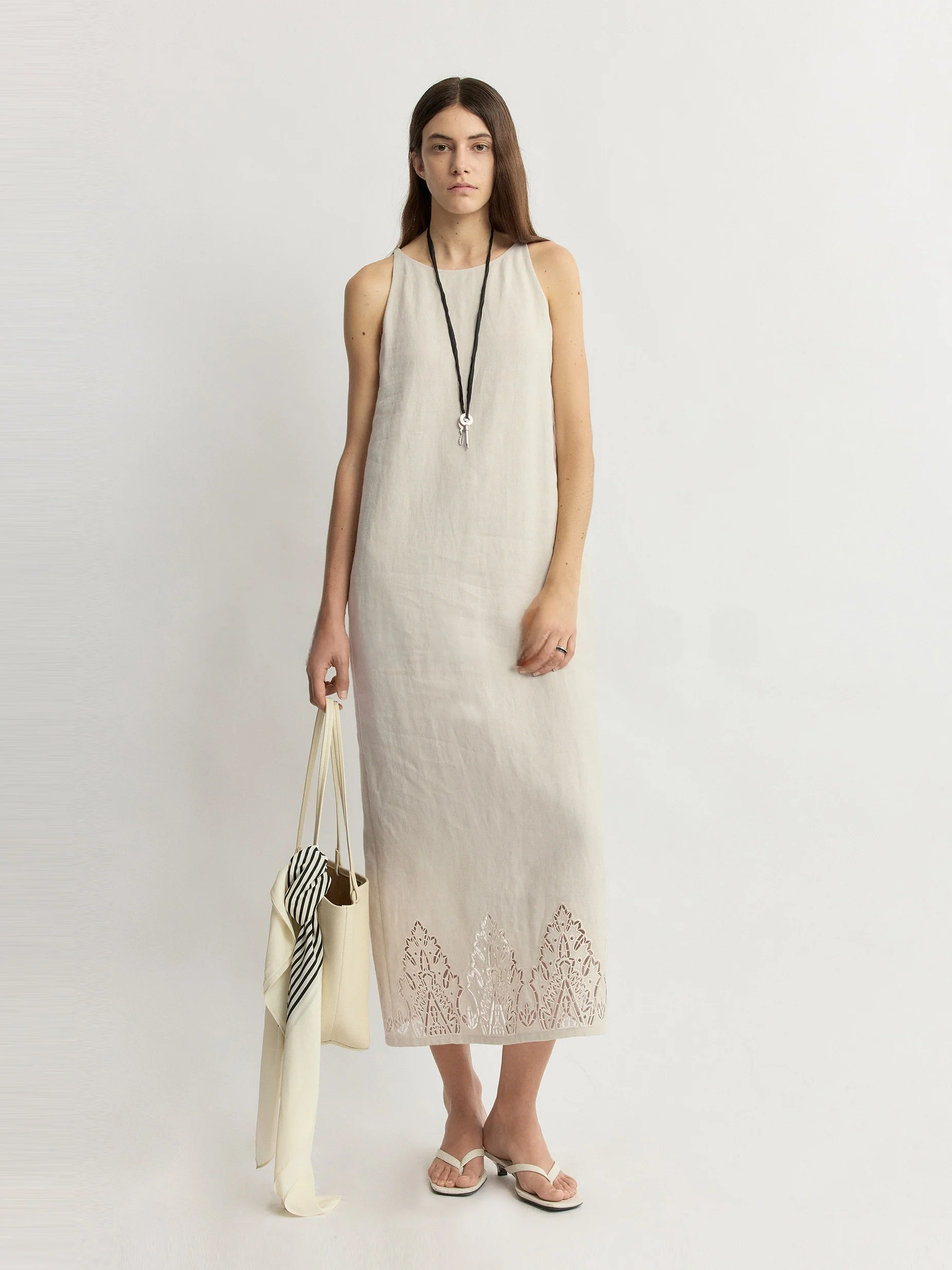 Cutwork Embroidered Linen Midi Dress - konjwa